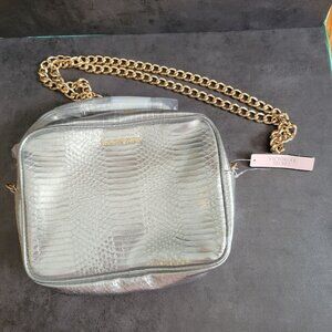 Victorias Secret Silver Faux Snakeskin Crossbody Bag With Gold Chain & Zipper